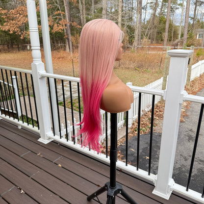 Strawberry Shortcake - Ombre pink long straight synthetic lace front wig