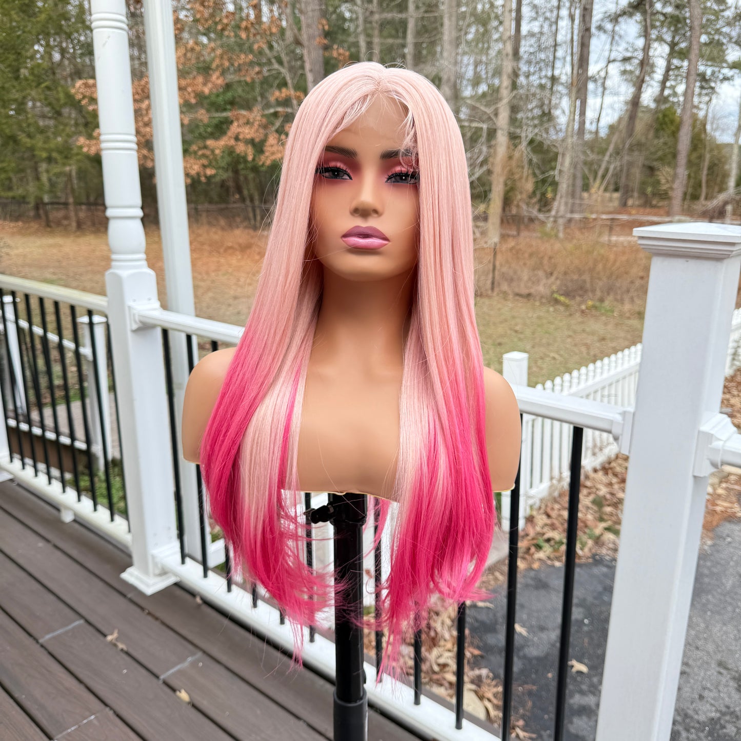 Strawberry Shortcake - Ombre pink long straight synthetic lace front wig