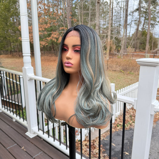 Major - 20" Dark root green with brown highlights body wave synthetic wig