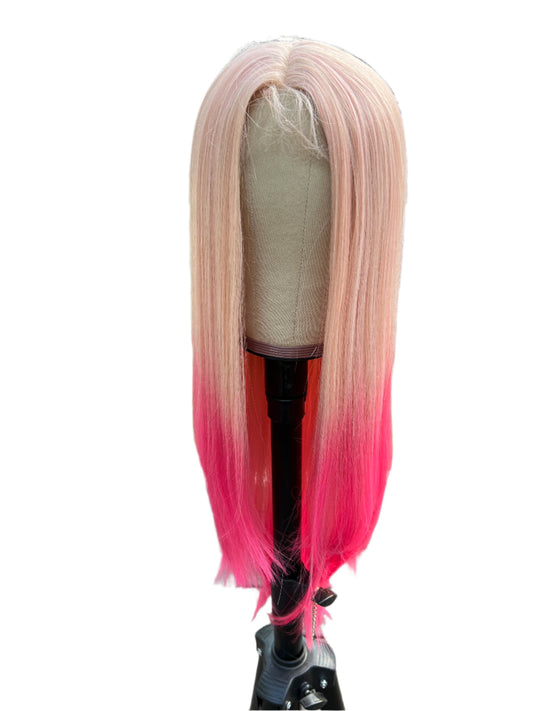 Strawberry Shortcake - Ombre pink long straight synthetic lace front wig