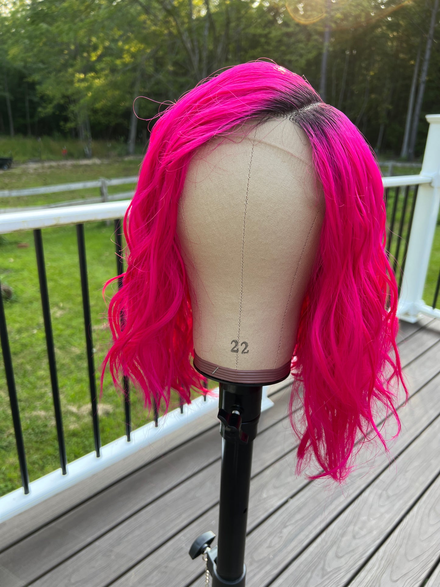 Elena Hot Pink Lace Front Wig with Dark Root – Synthetic, Loose Curl, Realistic Wide Part | 18” Length