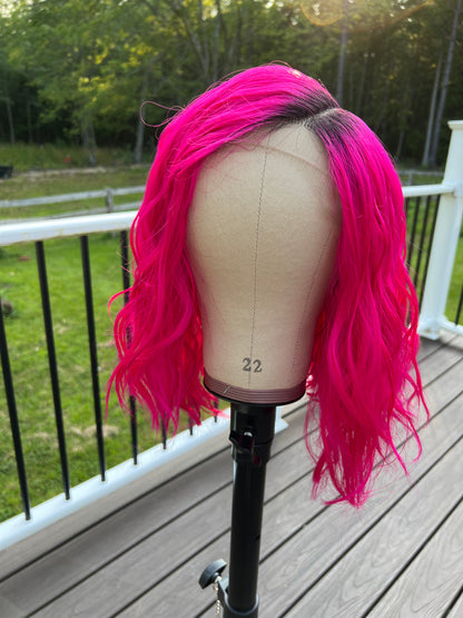 Elena Hot Pink Lace Front Wig with Dark Root – Synthetic, Loose Curl, Realistic Wide Part | 18” Length