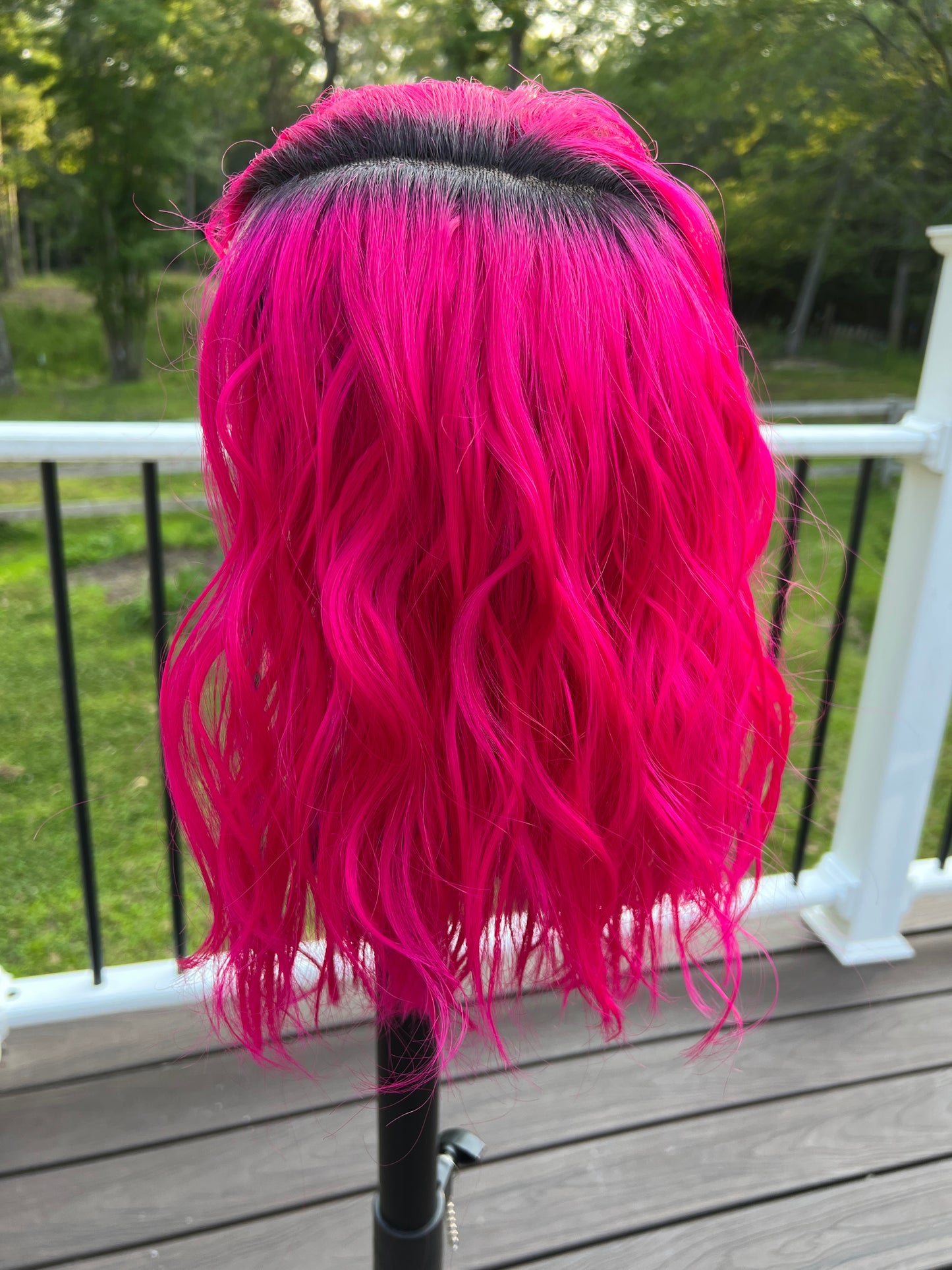 Elena Hot Pink Lace Front Wig with Dark Root – Synthetic, Loose Curl, Realistic Wide Part | 18” Length