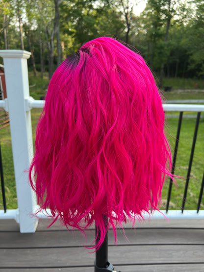 Elena Hot Pink Lace Front Wig with Dark Root – Synthetic, Loose Curl, Realistic Wide Part | 18” Length