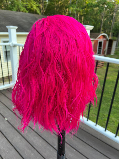 Elena Hot Pink Lace Front Wig with Dark Root – Synthetic, Loose Curl, Realistic Wide Part | 18” Length