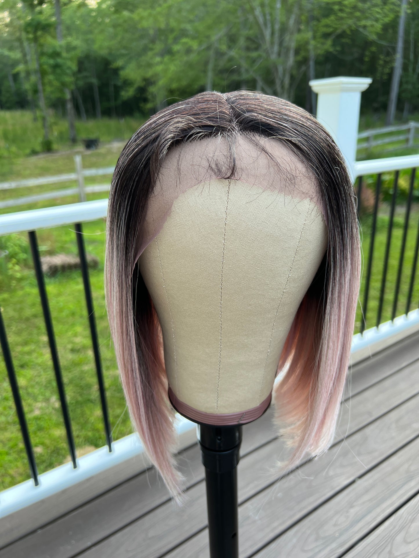 Zaria - Dark root pink sleek bob synthetic lace front wig