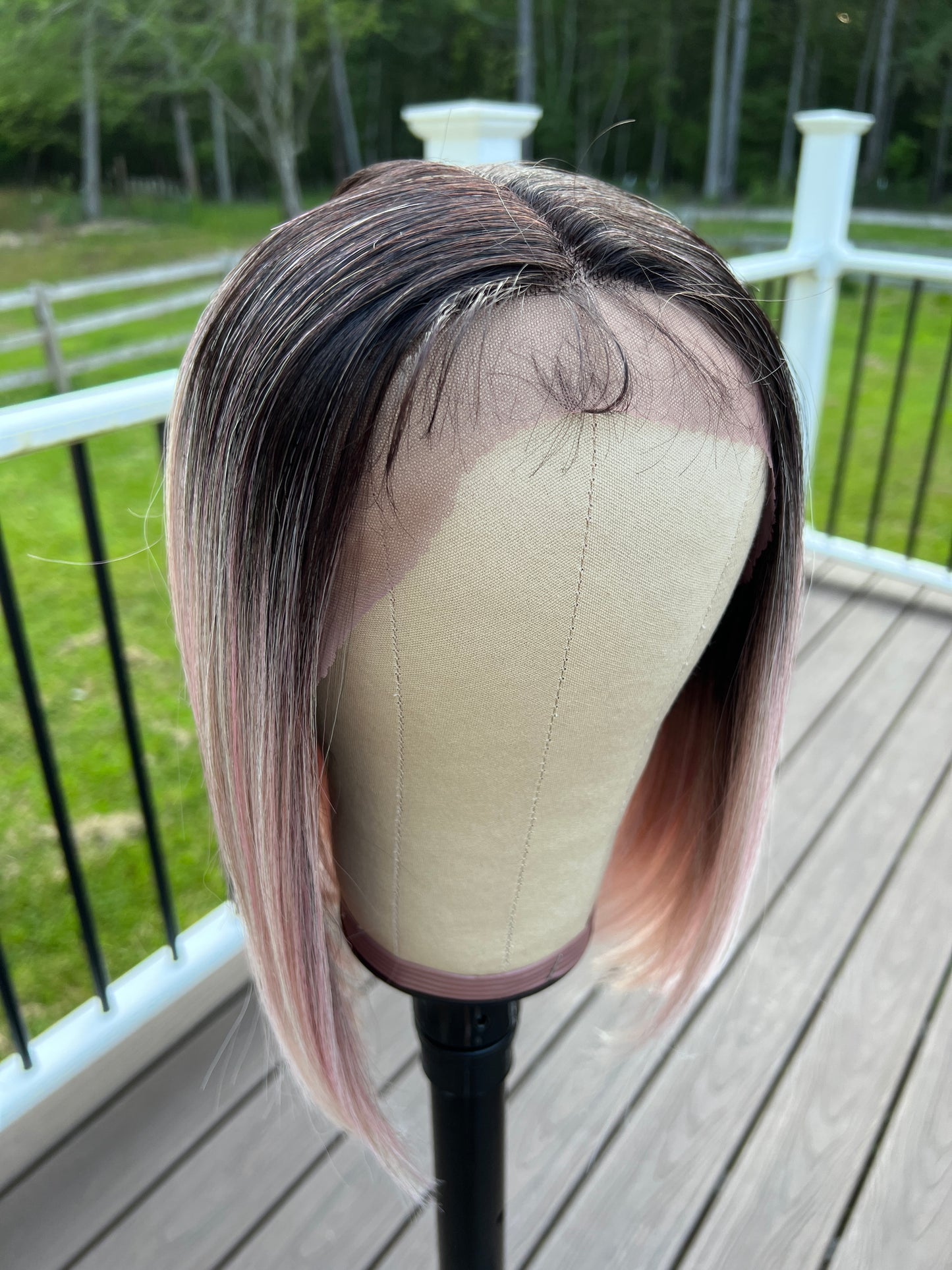 Zaria - Dark root pink sleek bob synthetic lace front wig