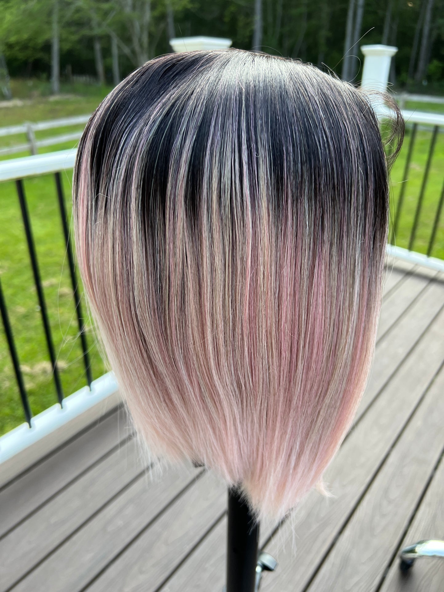 Zaria - Dark root pink sleek bob synthetic lace front wig