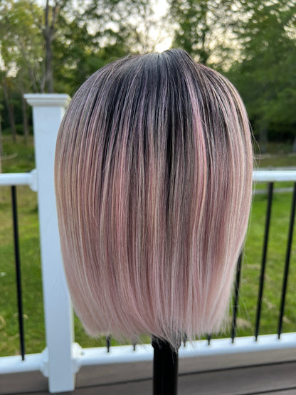 Zaria - Dark root pink sleek bob synthetic lace front wig