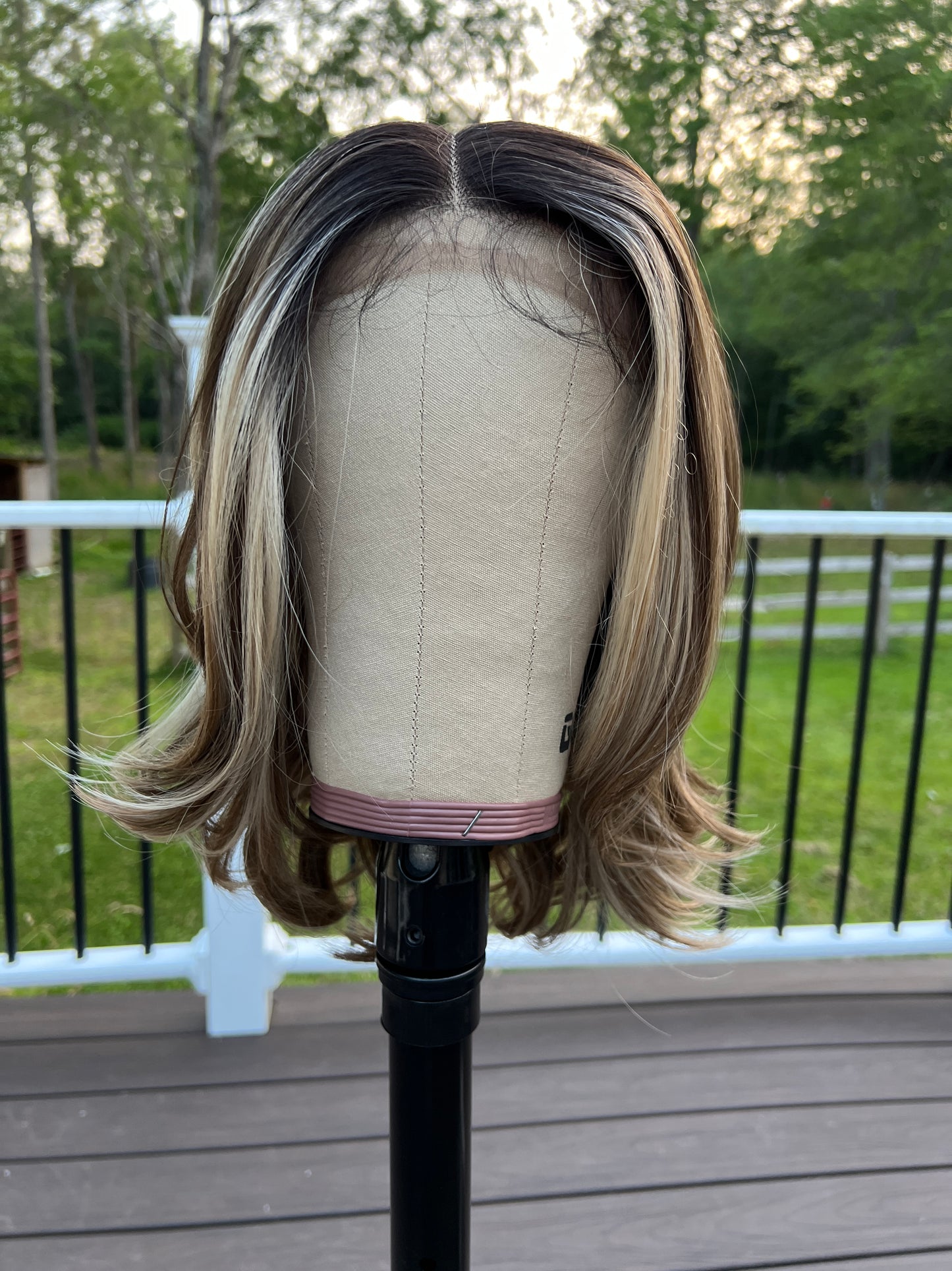 Ines - Brown and blonde highlighted 16" synthetic lace front wig