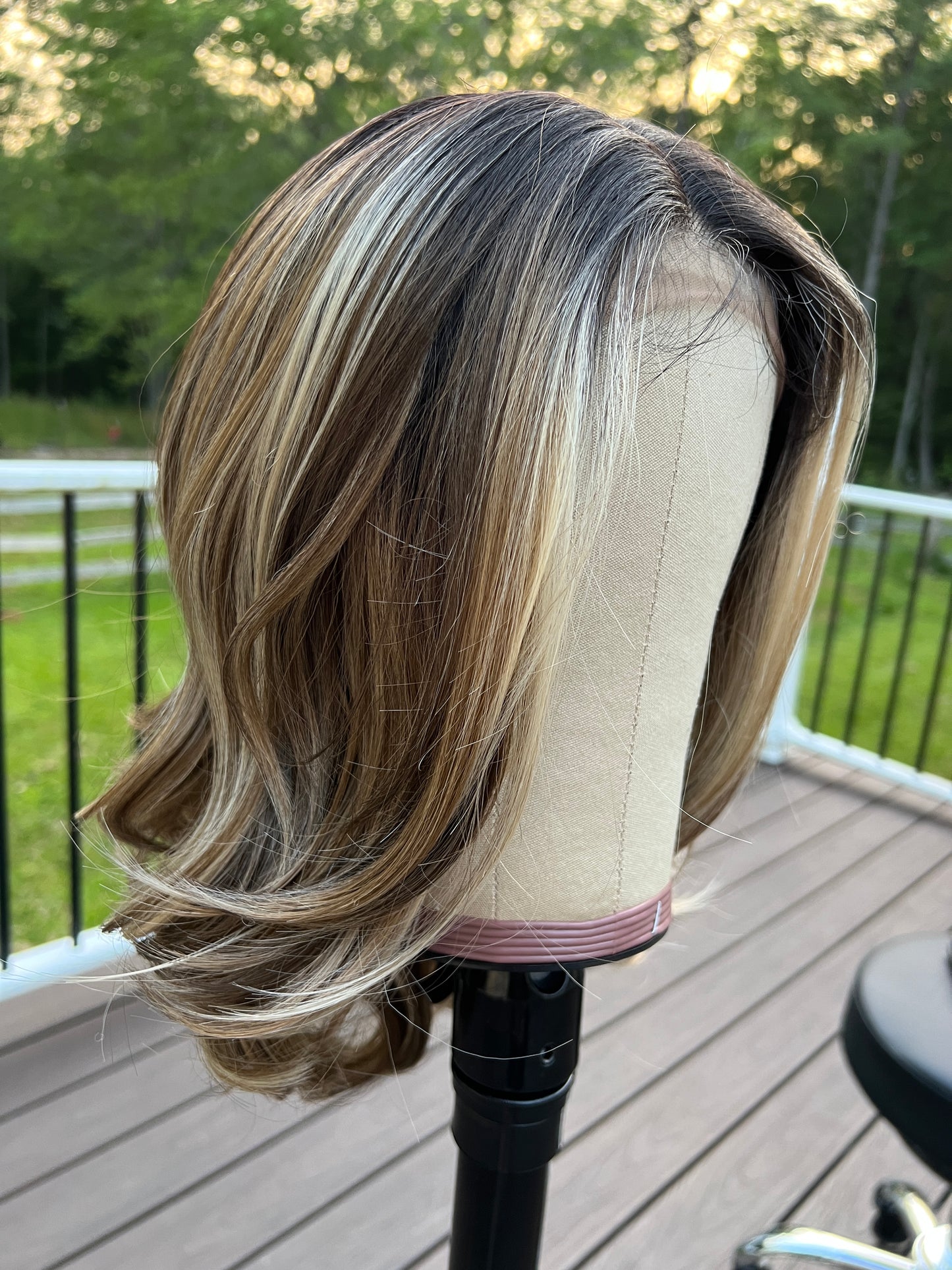 Ines - Brown and blonde highlighted 16" synthetic lace front wig