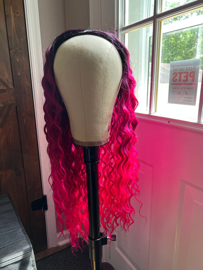 RIA - HALF WIG - Dark root hot pink loose wave synthetic wig