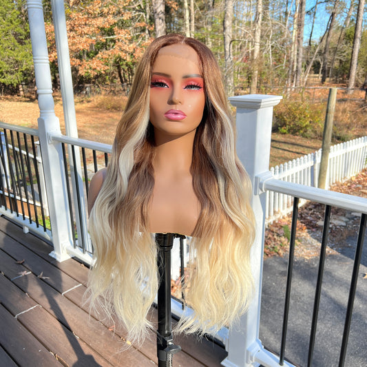 Tiffany - Free parting 360 lace blonde face framing highlight synthetic lace front wig