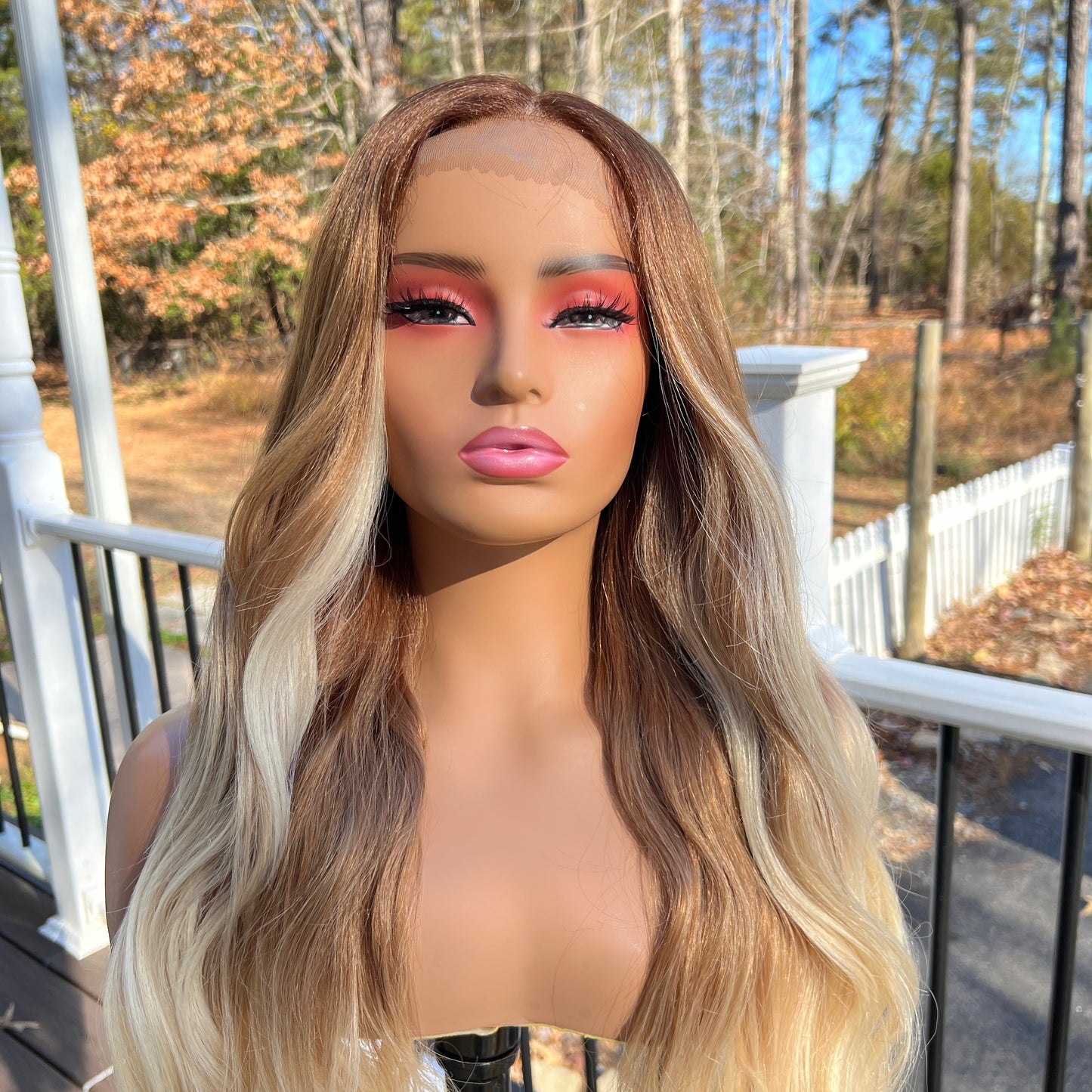 Tiffany - Free parting 360 lace blonde face framing highlight synthetic lace front wig