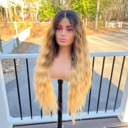 Laura 30” Extra-Long Brown & Blonde Lace Front Wig – Crimp Wave with 5” Deep Part