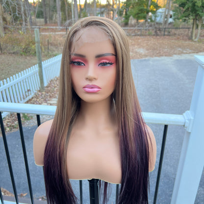 Jenna - Brown and Purple sleek bone straight long lacefront wig