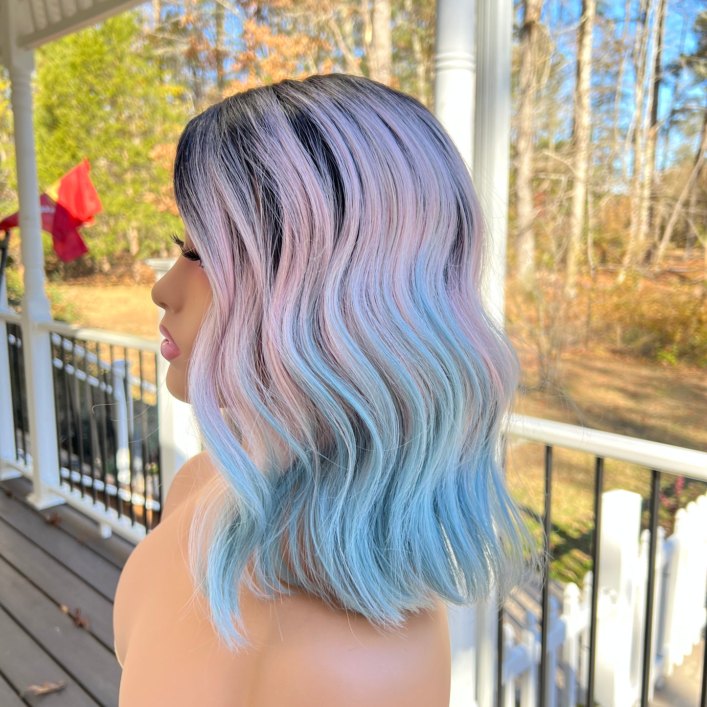 Tawny - Dark root pink and blue wavy asymmetrical bob