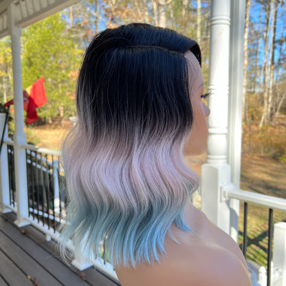 Tawny - Dark root pink and blue wavy asymmetrical bob