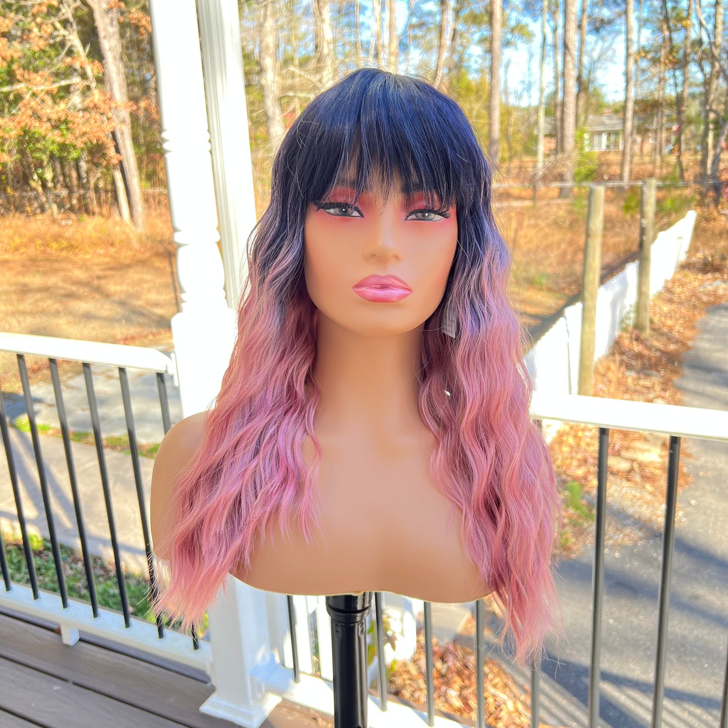 Shayla - Dark Root pink crimp synthetic bang wig