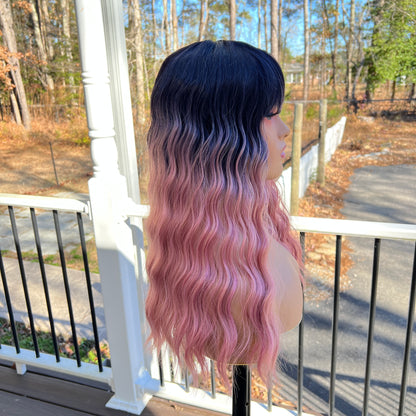 Shayla - Dark Root pink crimp synthetic bang wig