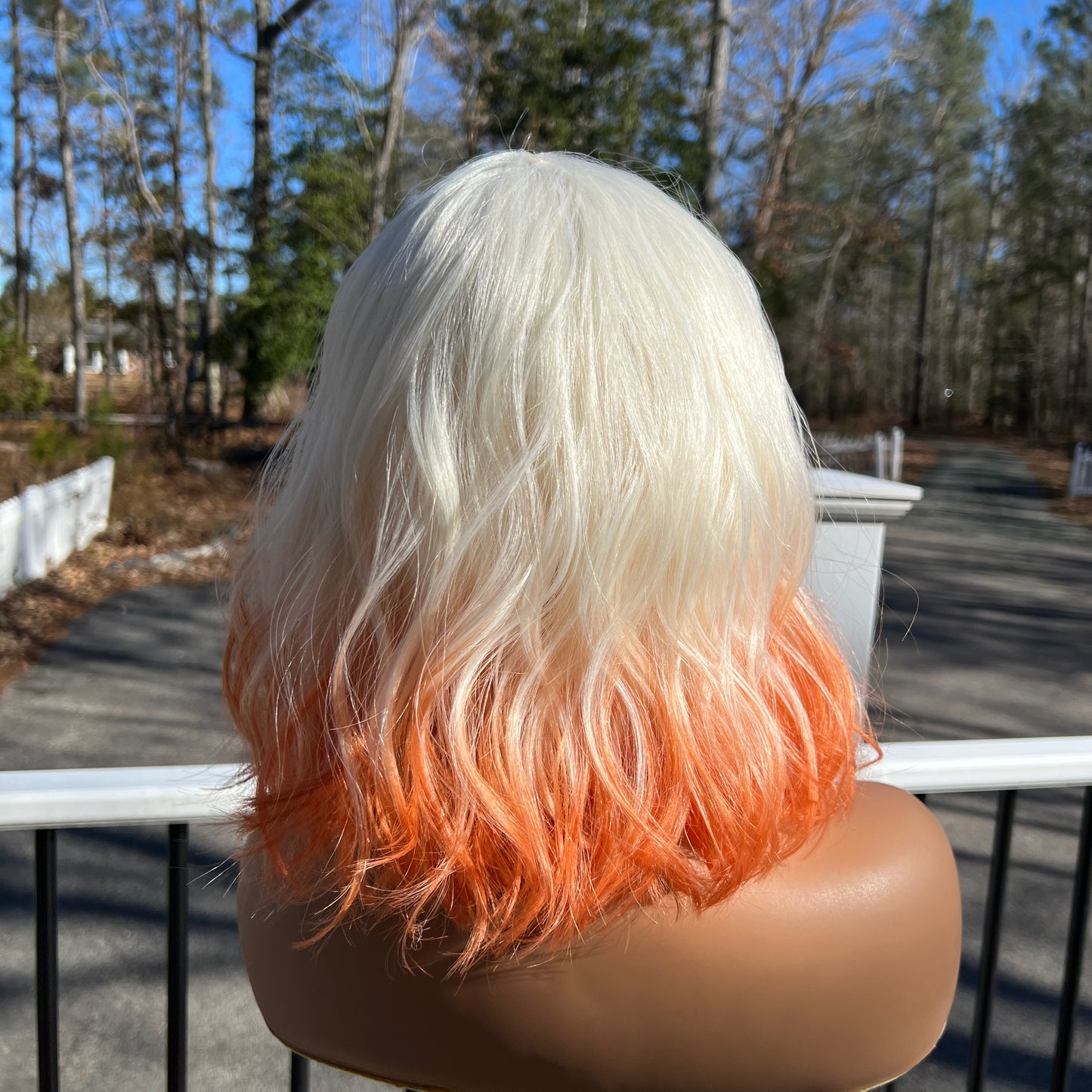 CREME SODA - Platinum White and Orange synthetic wig with bangs