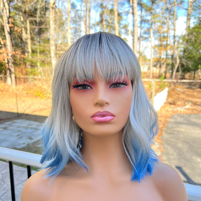 Kennedy 12” Blue & Silver Synthetic Wig with Bangs – Fun, Easy Wear