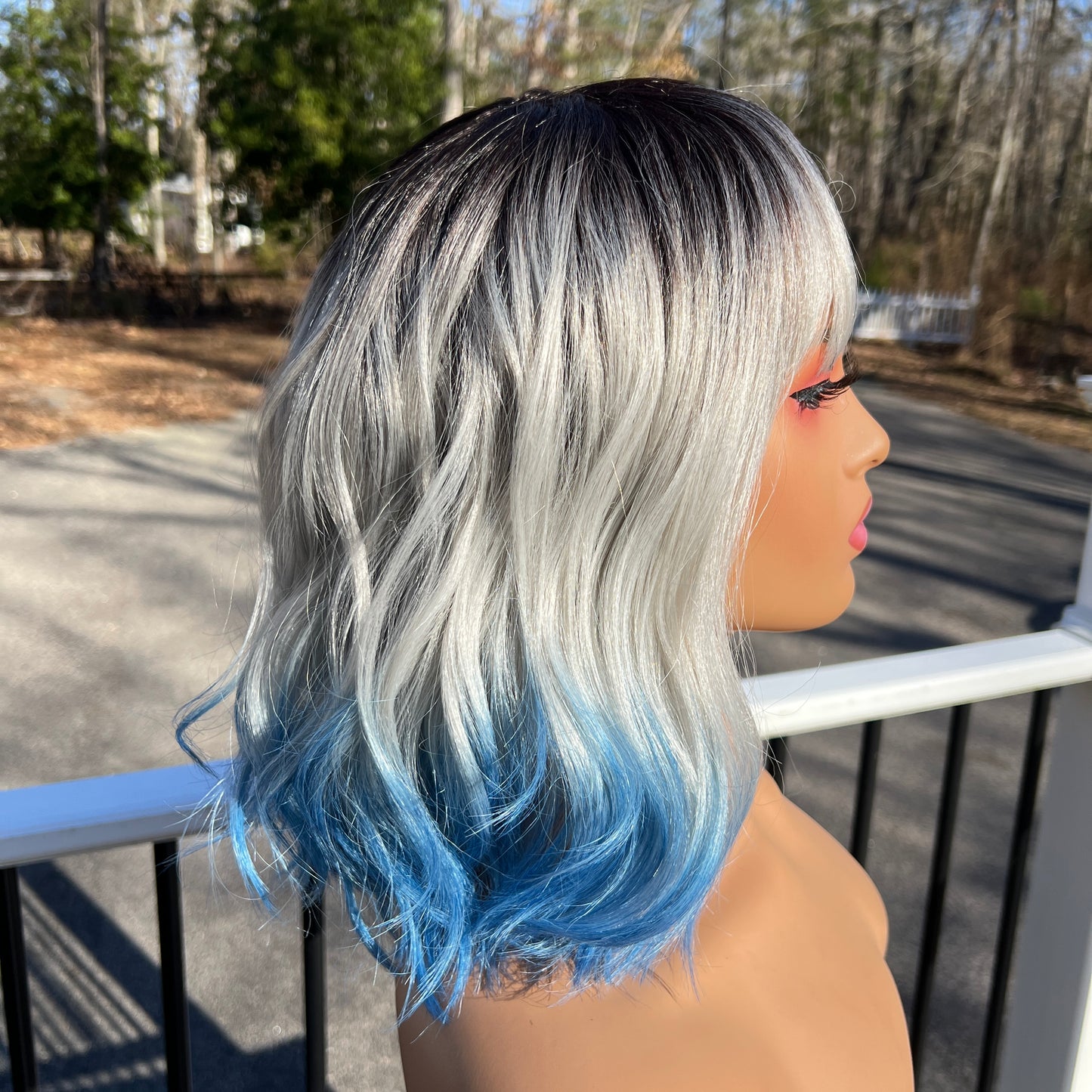 Kennedy 12” Blue & Silver Synthetic Wig with Bangs – Fun, Easy Wear