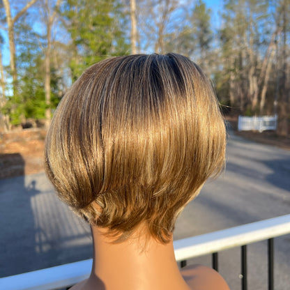 Audra - Dark root Brown and blonde highlight synthetic short lace front wig