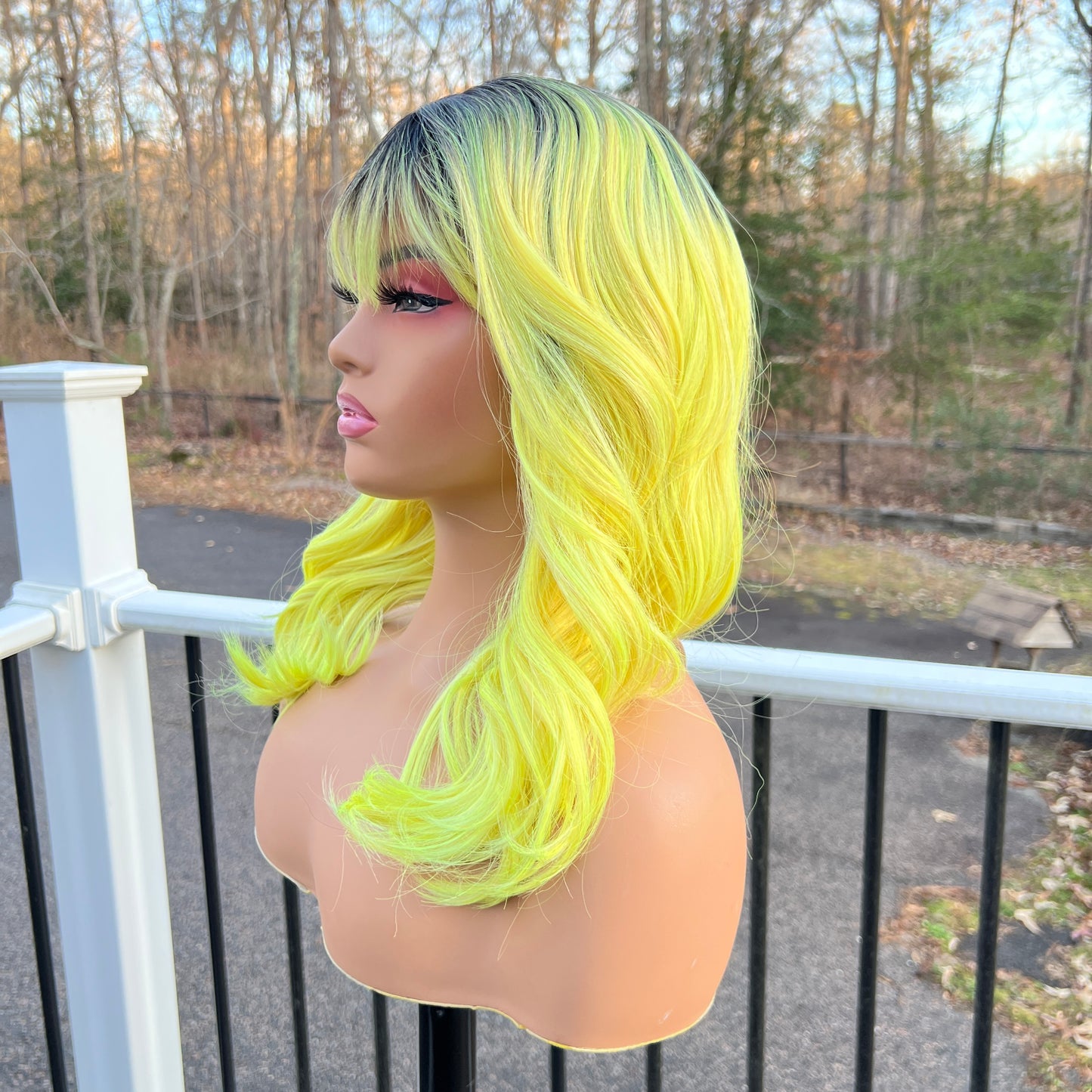 Beshe Heather 18" synthetic full wig - OT Lemonade yellow wig with bangs