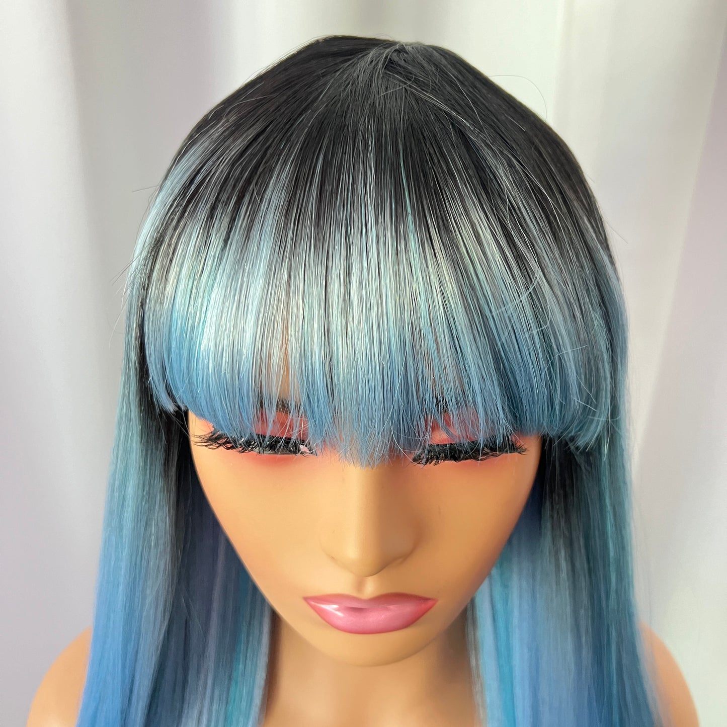 Azure - Dark root blue wig with bangs