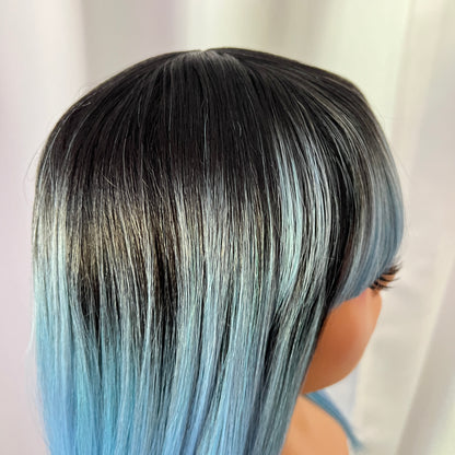 Azure - Dark root blue wig with bangs