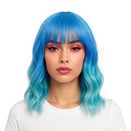 Ice Queen ombre blue short wavy wig synthetic blue wig