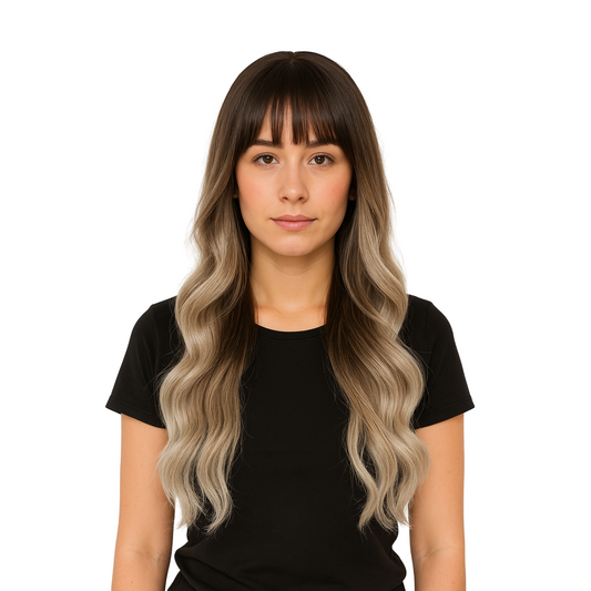 Isabella 24” Ash Brown & Blonde Synthetic Wig with Bangs – Heat Safe & Natural Look