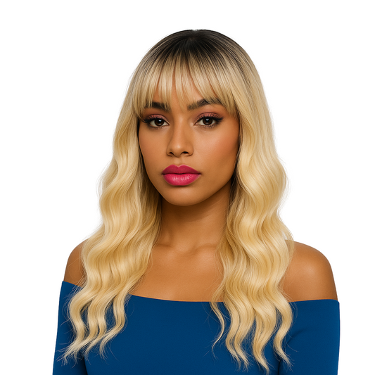 Jamie 20” Dirty Blonde & Platinum Synthetic Wig with Bangs – Heat Safe & Natural Look