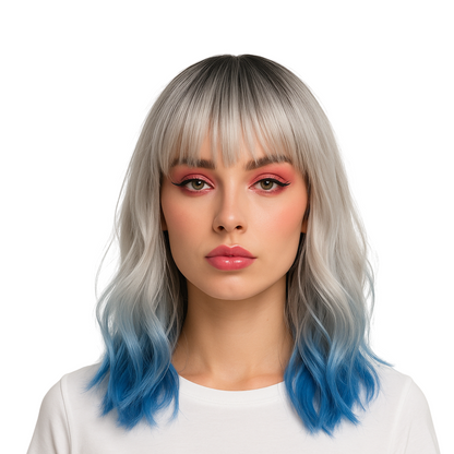 Kennedy 12” Blue & Silver Synthetic Wig with Bangs – Fun, Easy Wear