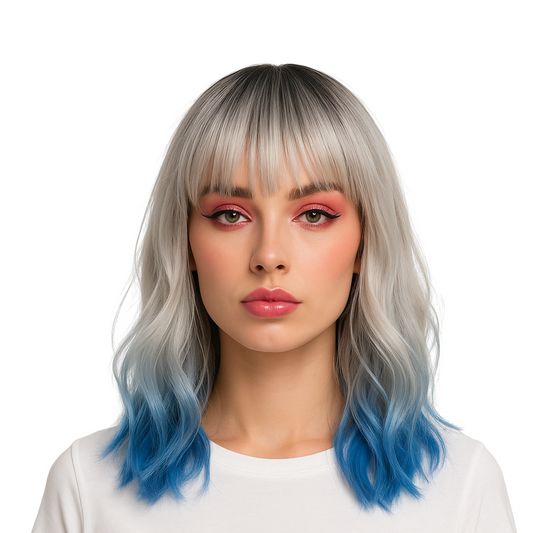 Kennedy 12” Blue & Silver Synthetic Wig with Bangs – Fun, Easy Wear