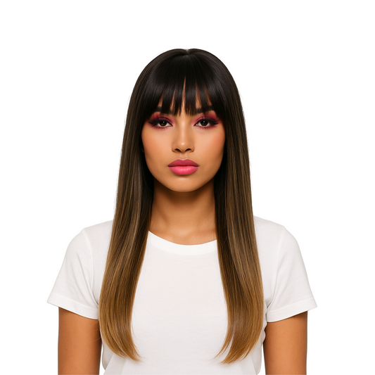 Laila - Realistic density brown wig with bangs synthetic brown wig with bangs