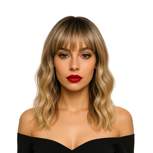 Natalie - 14" Brown and blonde wig with bangs - synthetic blonde wig with bangs