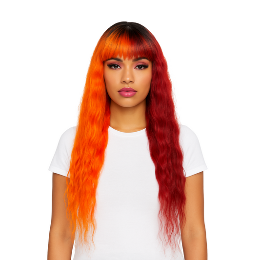 Phoenix - Half orange/half red xtra long wavy bang wig