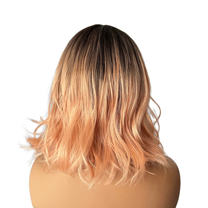 ALLISON - Dark Root Peach Wig with Bangs - 20" Heat Safe Synthetic Wig | Natural Look