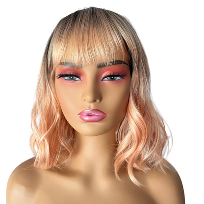 ALLISON - Dark Root Peach Wig with Bangs - 20" Heat Safe Synthetic Wig | Natural Look