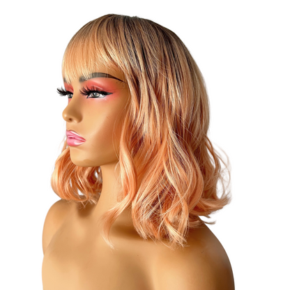 ALLISON - Dark Root Peach Wig with Bangs - 20" Heat Safe Synthetic Wig | Natural Look