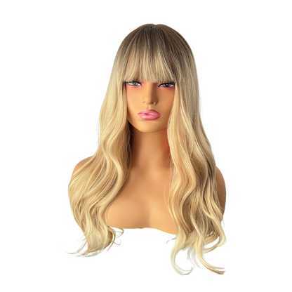 Amber Wig with Bangs - 22" Ash Brown to Golden Blonde Ombre | Heat Safe Synthetic Wig