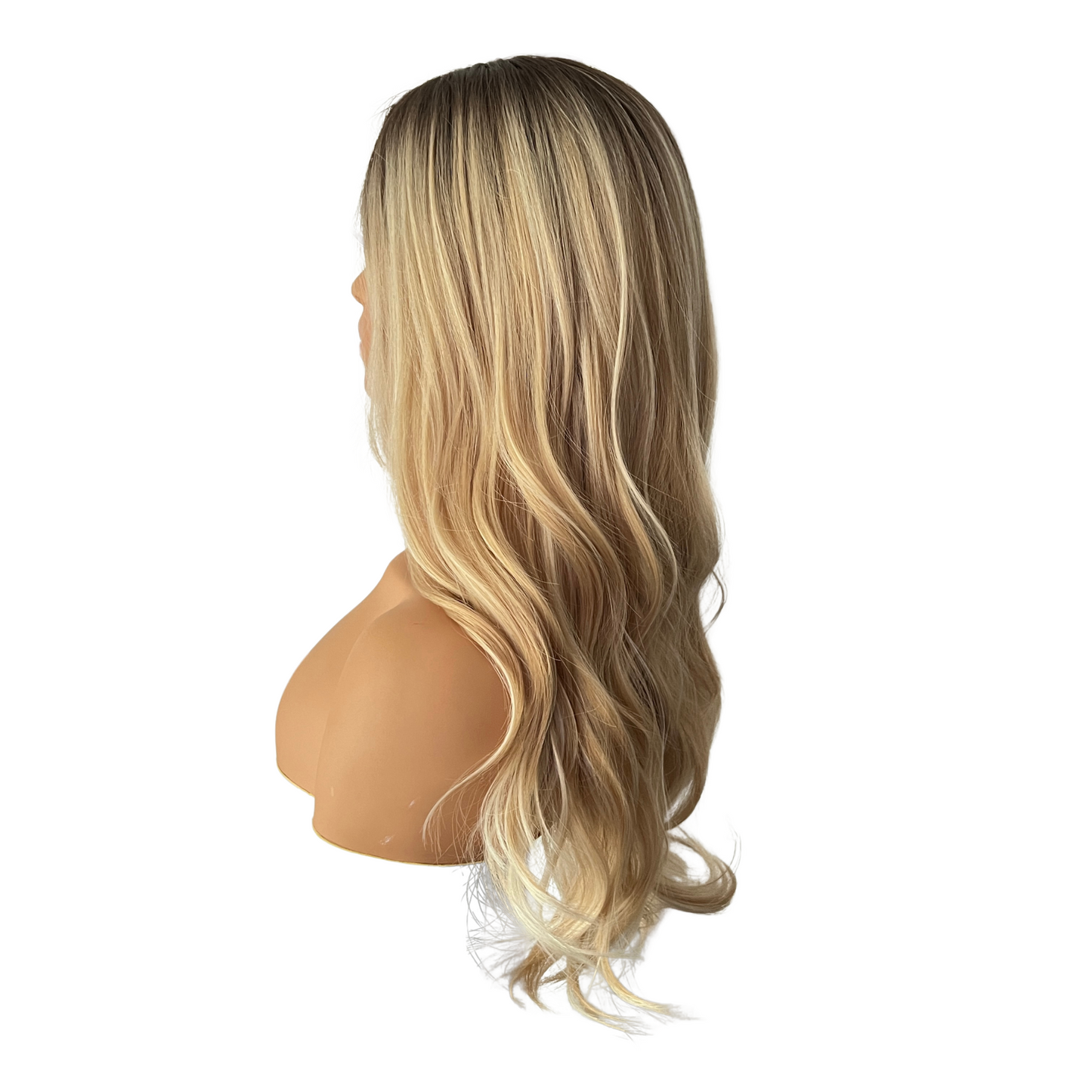 Amber Wig with Bangs - 22" Ash Brown to Golden Blonde Ombre | Heat Safe Synthetic Wig