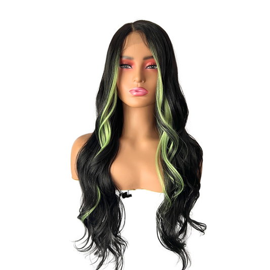 Amelia Lacefront Wig - 29" 1B with Lime Green Highlights | Heat Safe Synthetic Wig