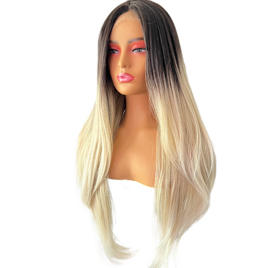 Angel - Free parting space lace frontal - Dark root platinum blonde with highlights