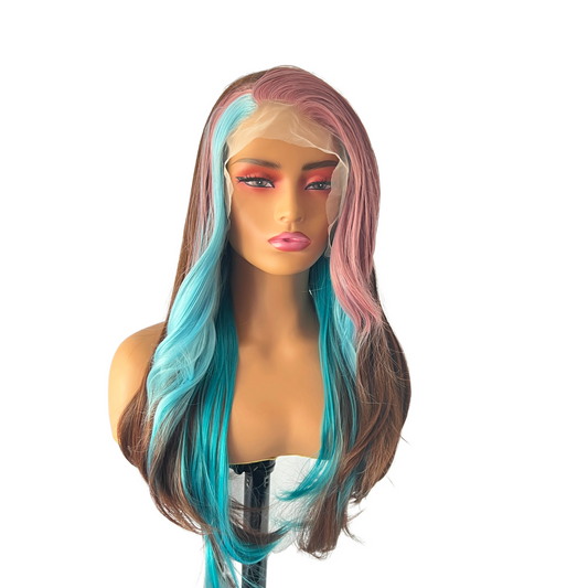 Winter - 28" Chunky highlight brown, pink, and blue synthetic wig