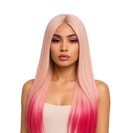 Strawberry Shortcake - Ombre pink long straight synthetic lace front wig