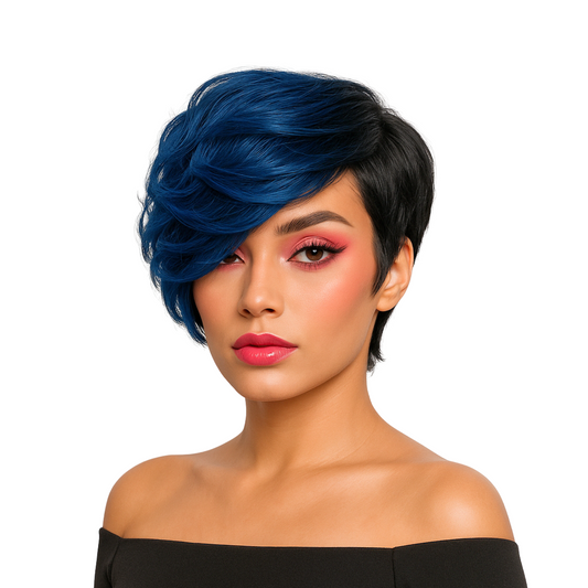 Tasha - 1B/Blue Mix - Curly top pixie synthetic short wig