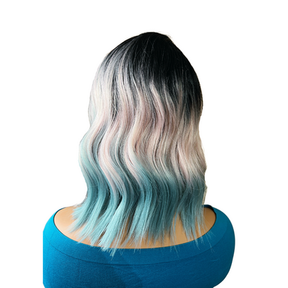 Tawny - Dark root pink and blue wavy asymmetrical bob